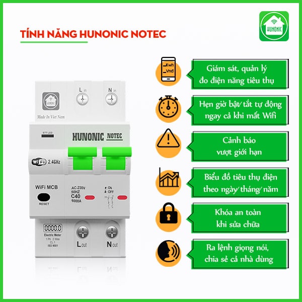 Aptomat thông minh Hunonic Notec đo điện, cảnh báo an toàn - Ảnh 2